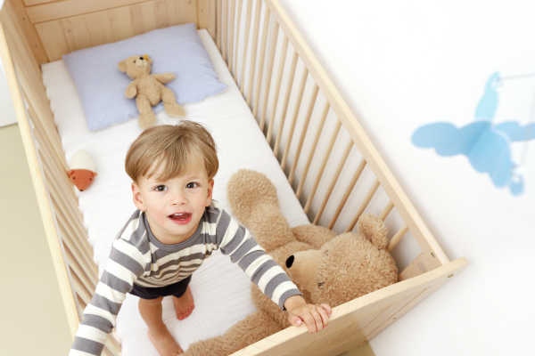 Zweijaehriger Junge steht in seinem Kinderbett mit Plueschtieren